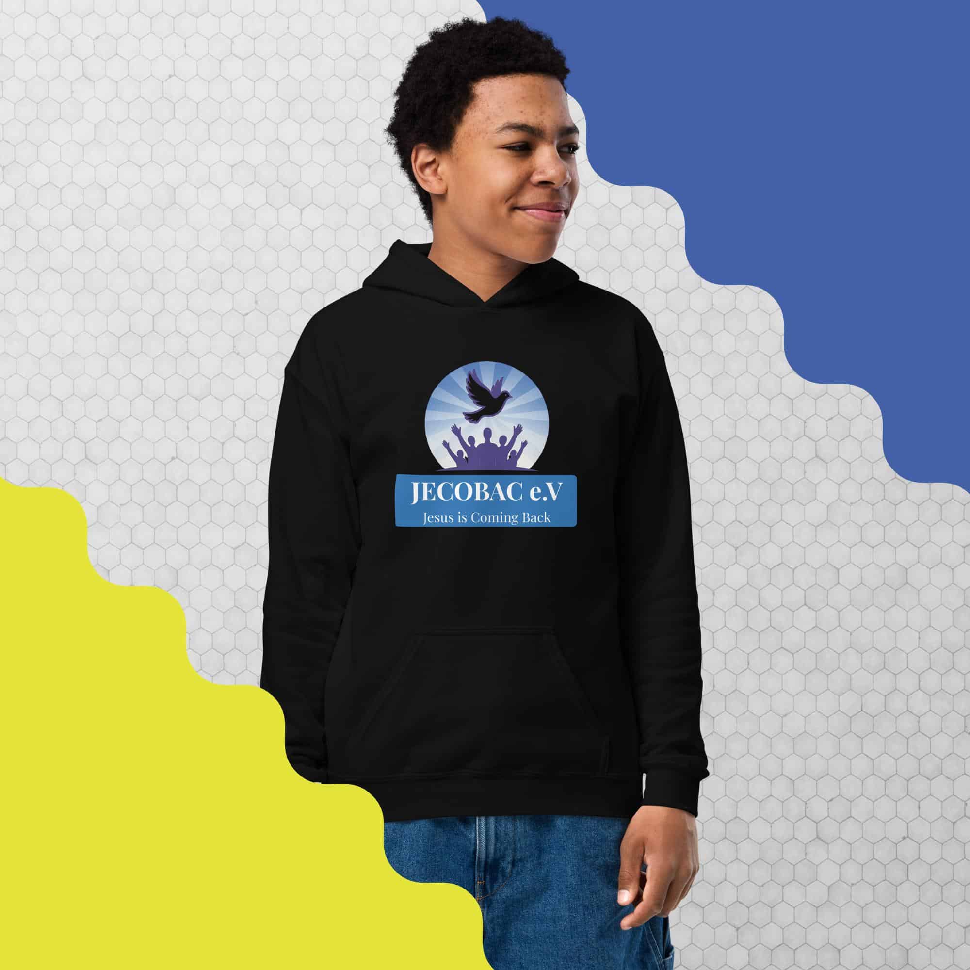 Youth heavy blend hoodie with JECOBAC e.V. logo and message.