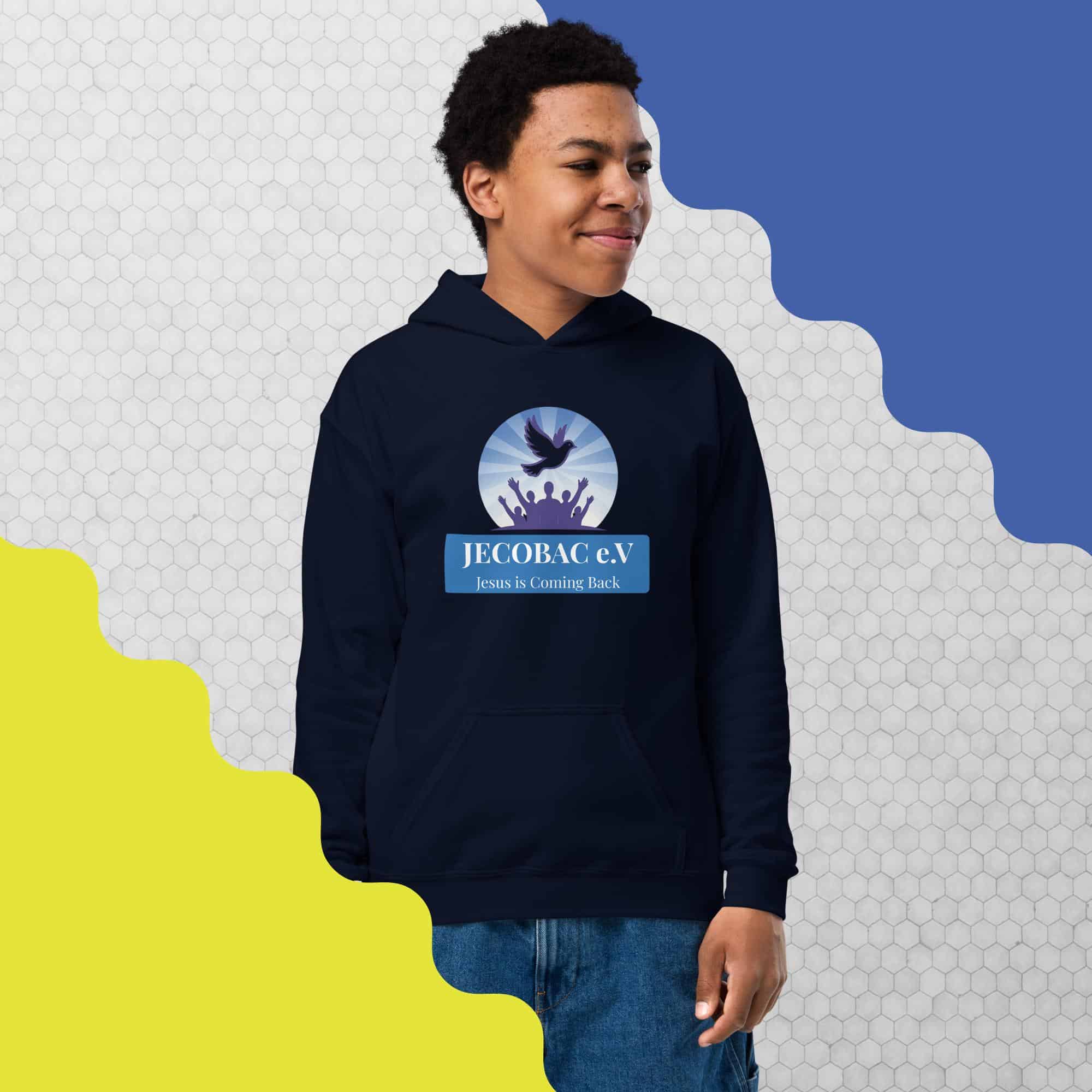 Youth heavy blend hoodie with JECOBAC e.V. logo, promoting faith and community support.