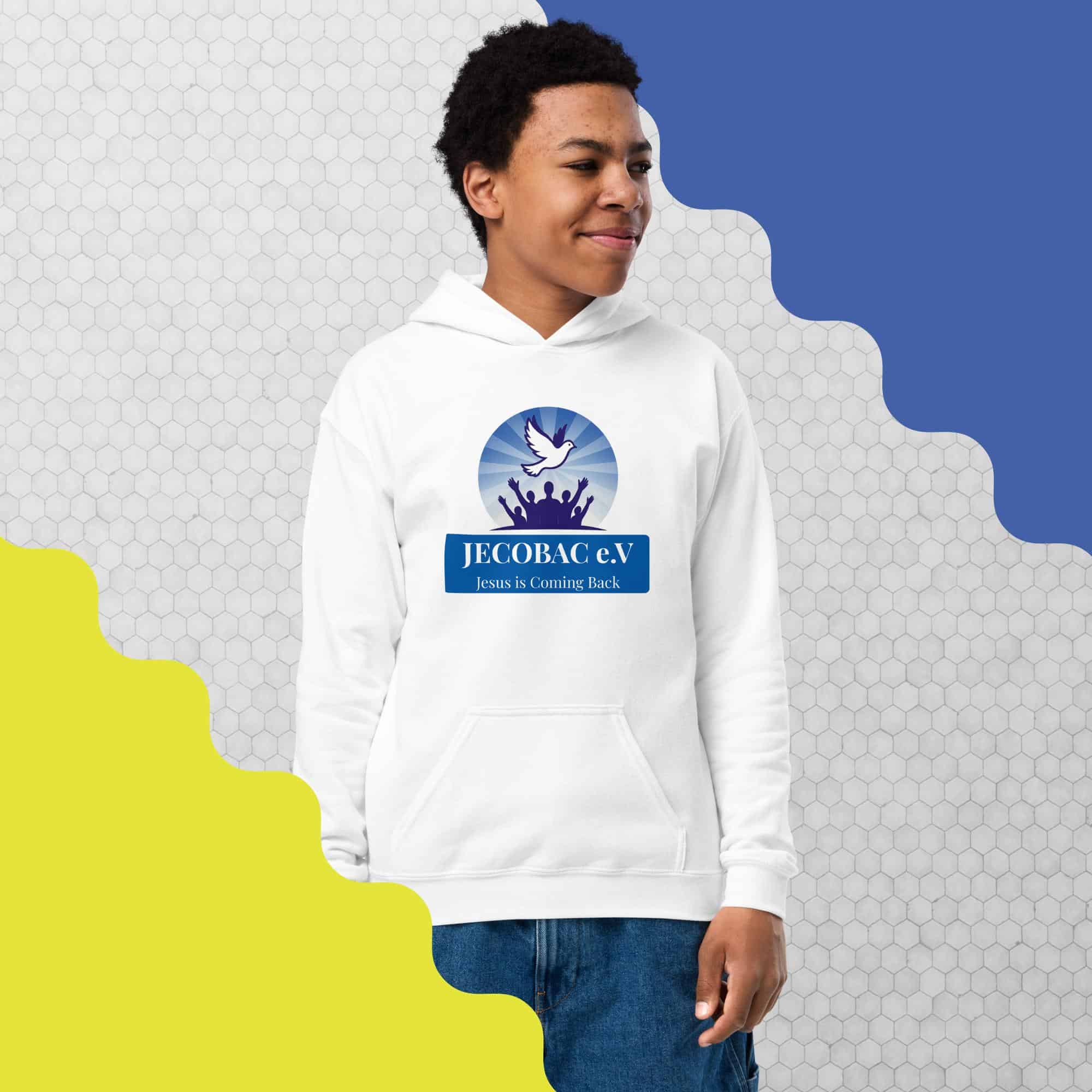 Youth hoodie featuring JECOBAC e.V. logo and "Jesus is Coming Back" message.